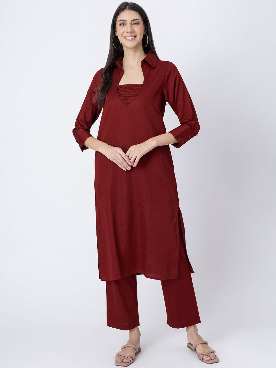 

Moomaya Shirt Collar Pure Cotton Kurta with Trouser and Tube Top, Maroon