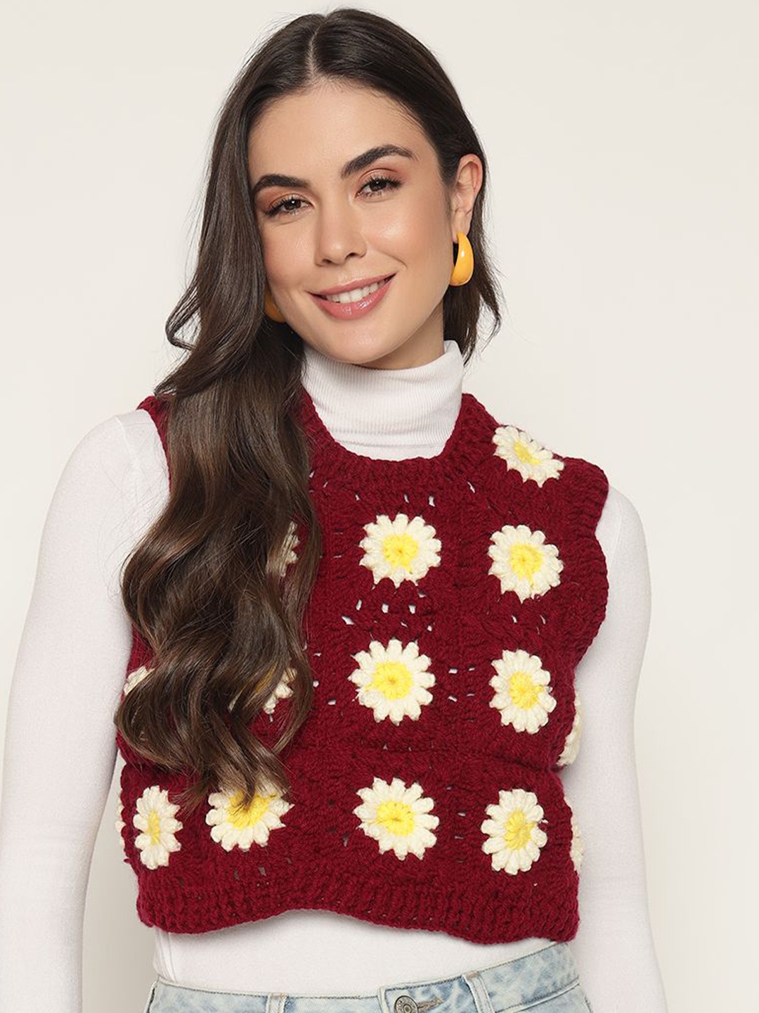 

Sugercandy Women Floral Woollen Crop Sweater Vest, Maroon