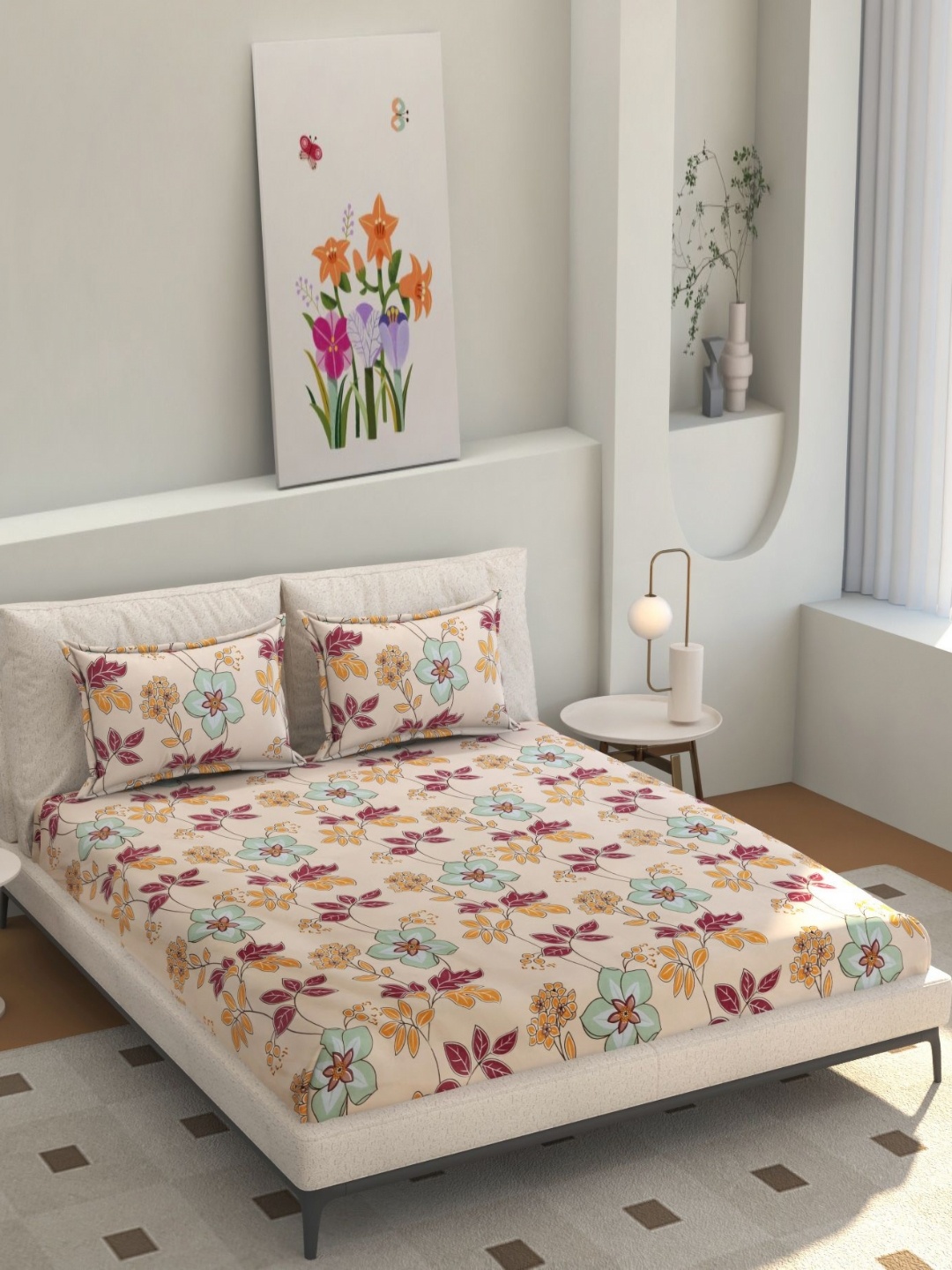 

Florida Peach-Coloured & Green Floral 200 TC King Bedsheet with 2 Pillow Covers