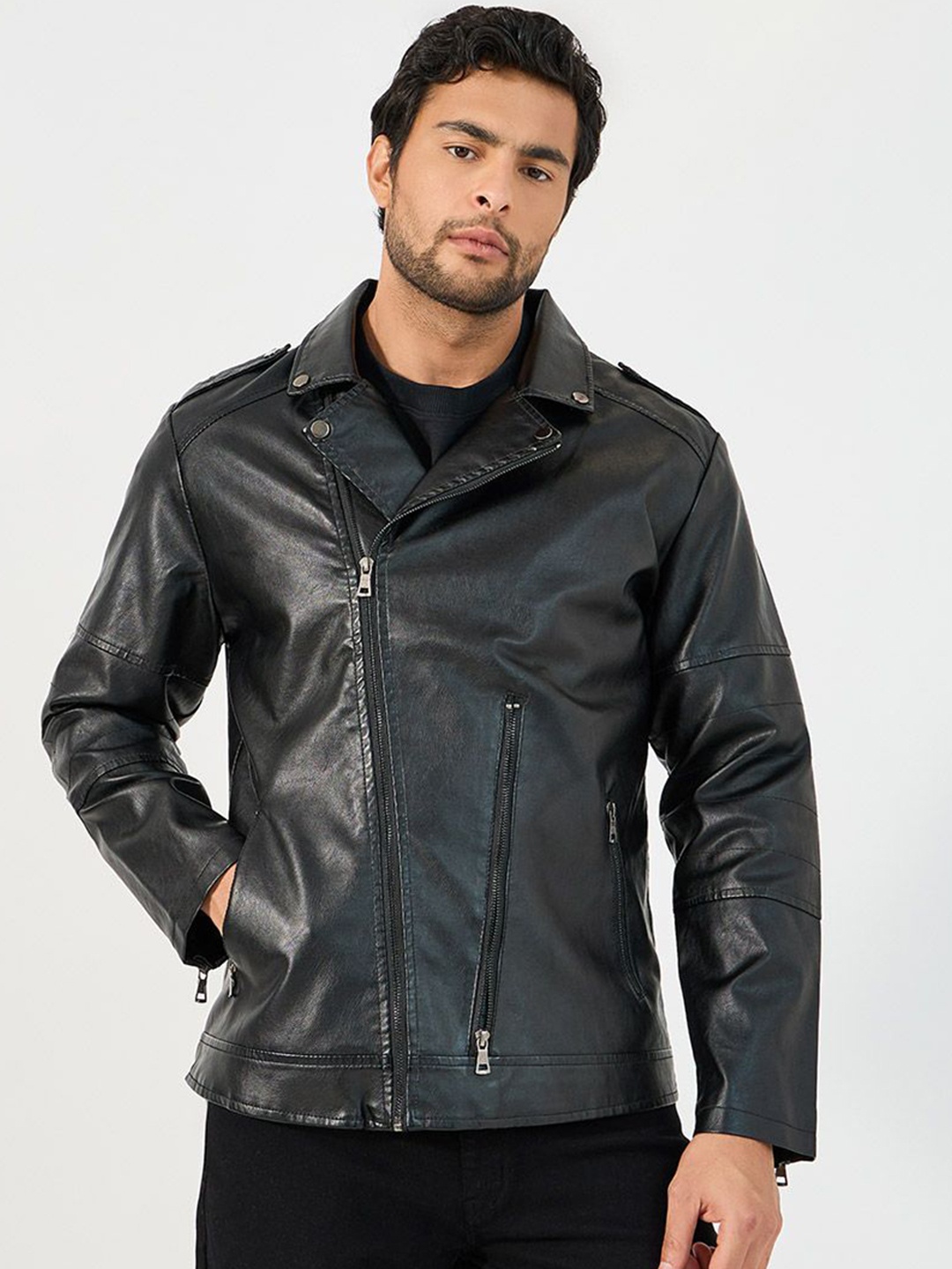 

Styli Spread Collar Biker Jacket, Black