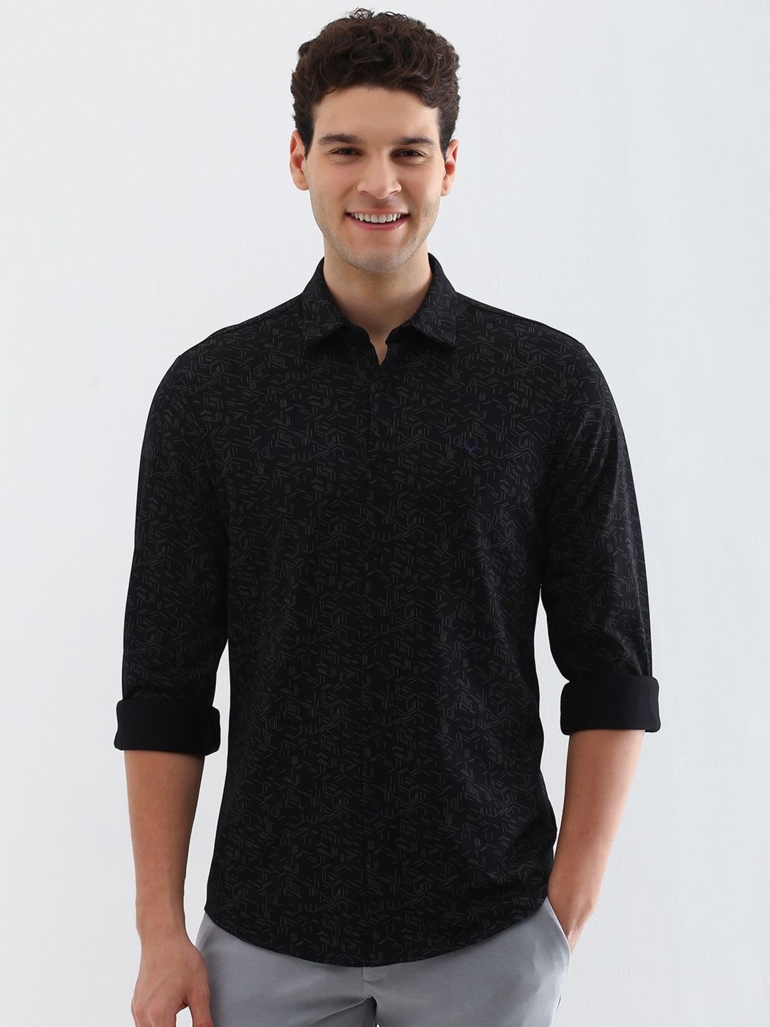 

Allen Solly Men Slim Fit Opaque Printed Casual Shirt, Black