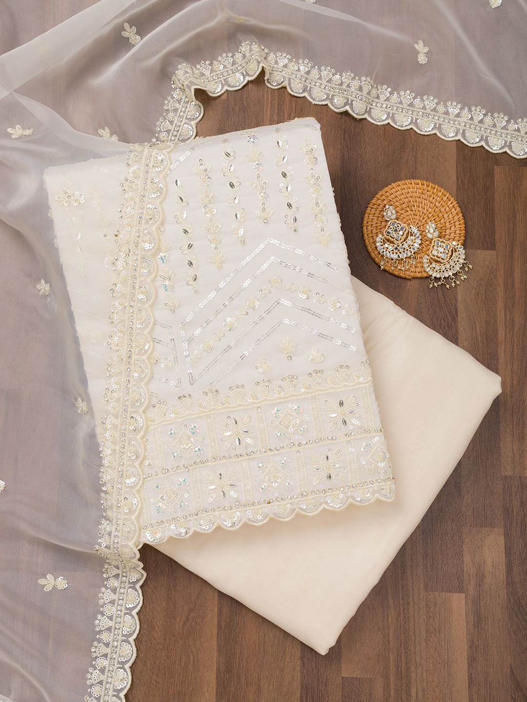 

Koskii Floral Embroidered Sequinned Unstitched Dress Material, White