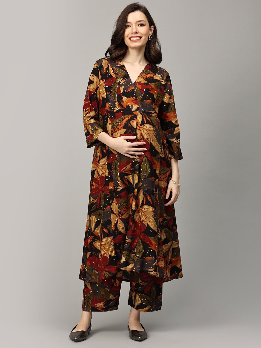 

The Mom Store Floral Printed Maternity Tunic With Trousers, Black