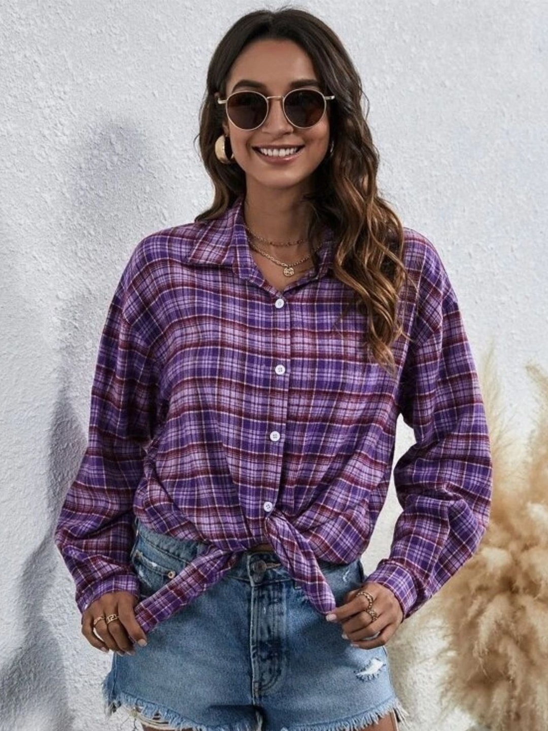 

HERE&NOW Women Original Tartan Checks Opaque Checked Casual Shirt, Purple