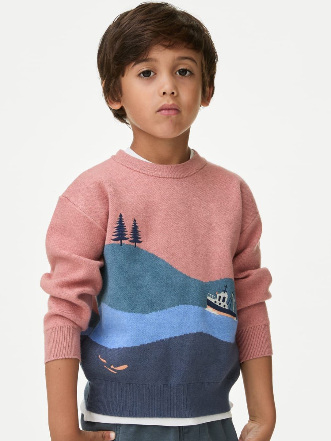 

Marks & Spencer Boys Colourblocked Cotton Pullover, Peach