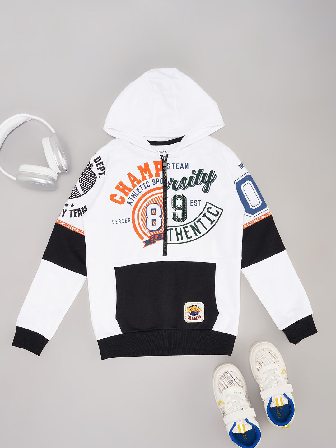 

Pantaloons Junior Boys Typography Printed Pure Cotton Hooded Sweatshirt, White