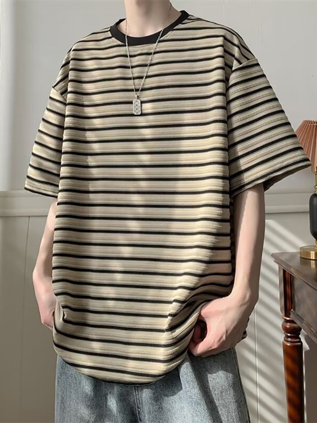 

StyleCast x Revolte Men Striped Round Neck Oversized T-shirt, Beige