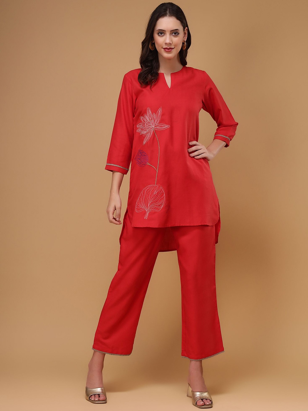 

Bani Women Floral Embroidered Tunic with Trousers, Red