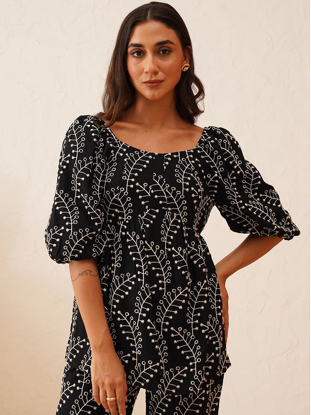 

Beatnik Round Neck Embroidered Top With Trouser, Black