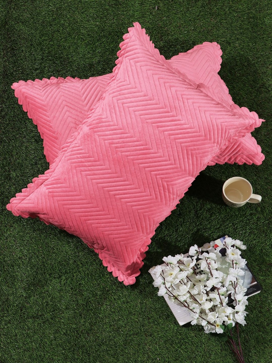 

HOSTA HOMES Pink 2 Pieces Self Design Velvet Rectangle Pillow Covers