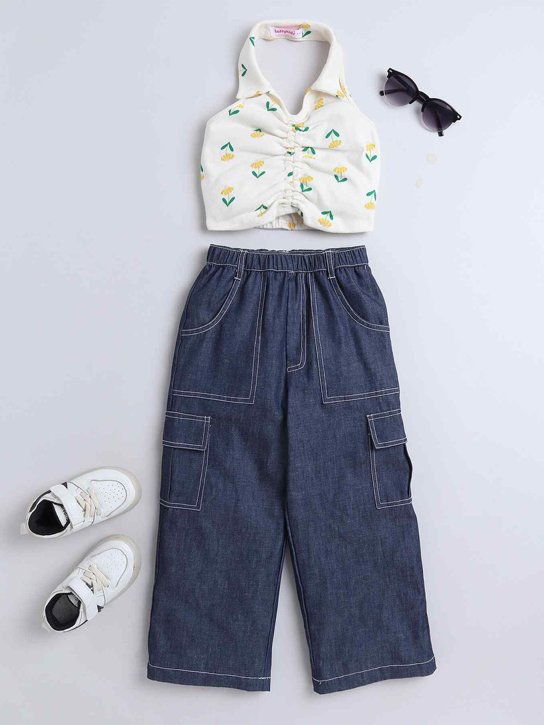 

taffykids Girls Printed Halter Neck Pure Cotton Top With Cargo Trousers, White