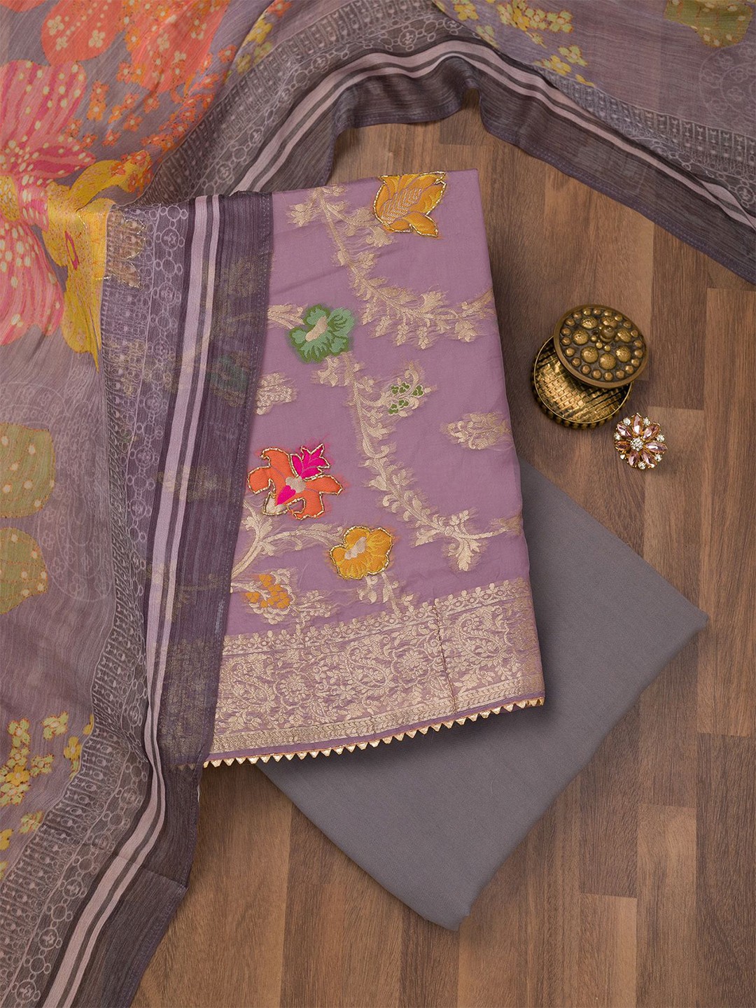 

Koskii Floral Embroidered Beads and Stones Unstitched Dress Material, Purple