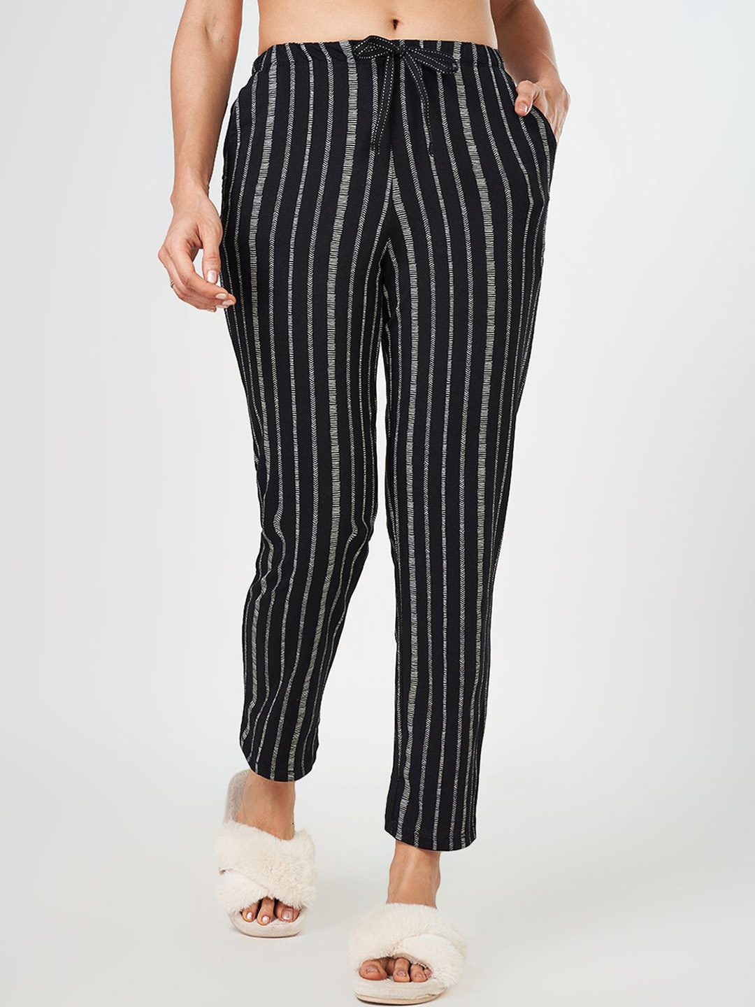 

Dreamz by Pantaloons Women Striped Straight-Leg Lounge Pants, Black