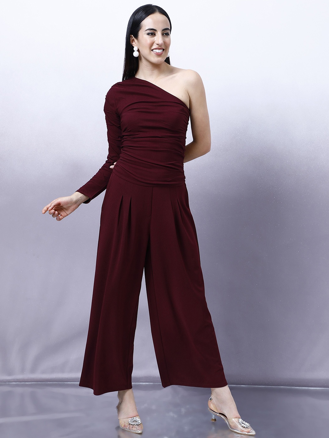 

Shally Bhasin by Athena One Shoulder Ruched Top With Trouser, Burgundy