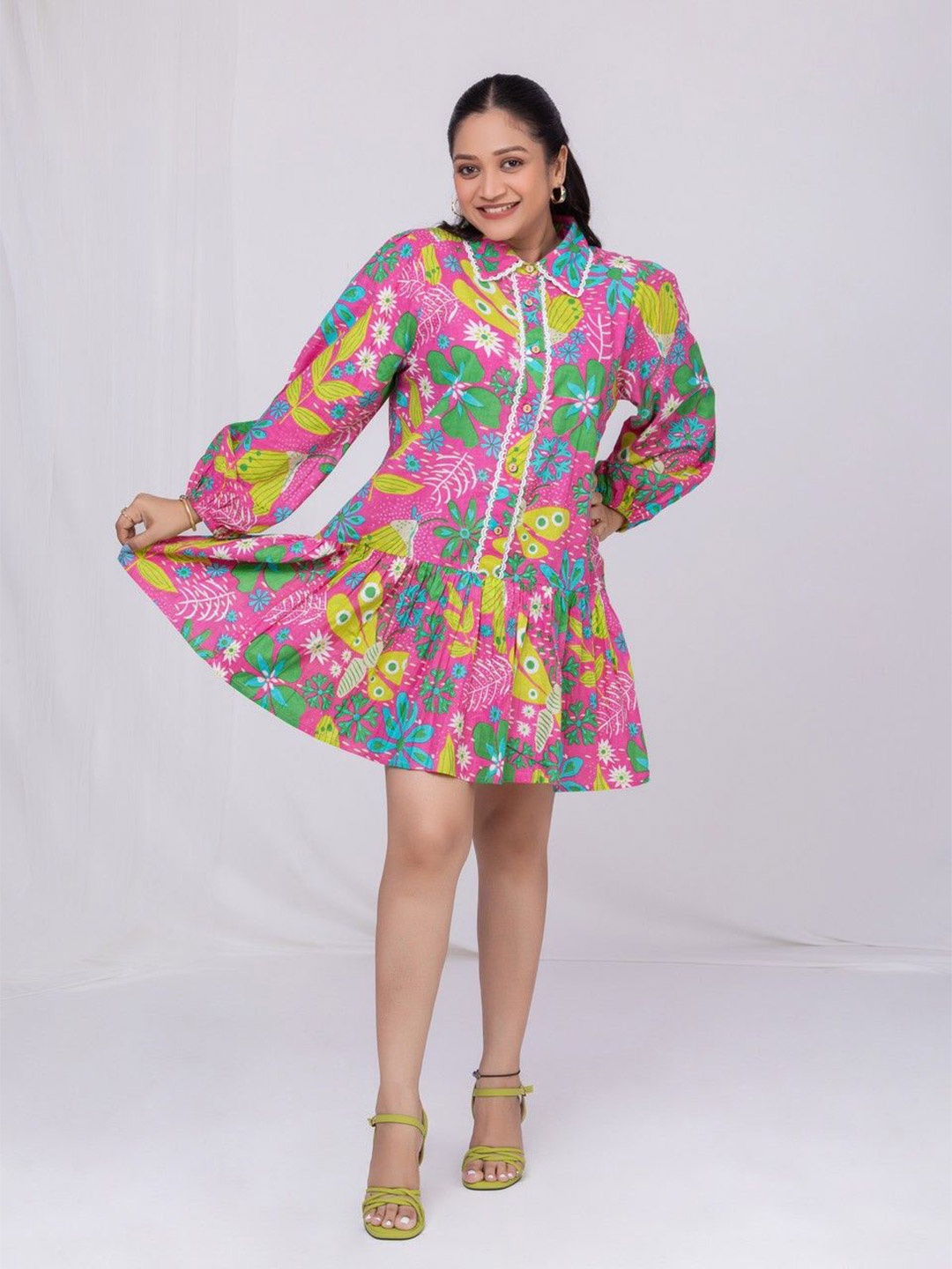 

MASU LIVING Women Floral Printed Pure Cotton Shirt Collar Puff Sleeve Dress, Pink