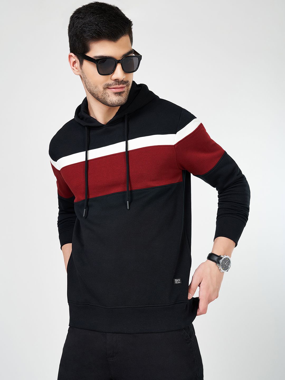 

BYFORD by Pantaloons Men Colourblocked Long Sleeves Hooded Sweatshirt, Black