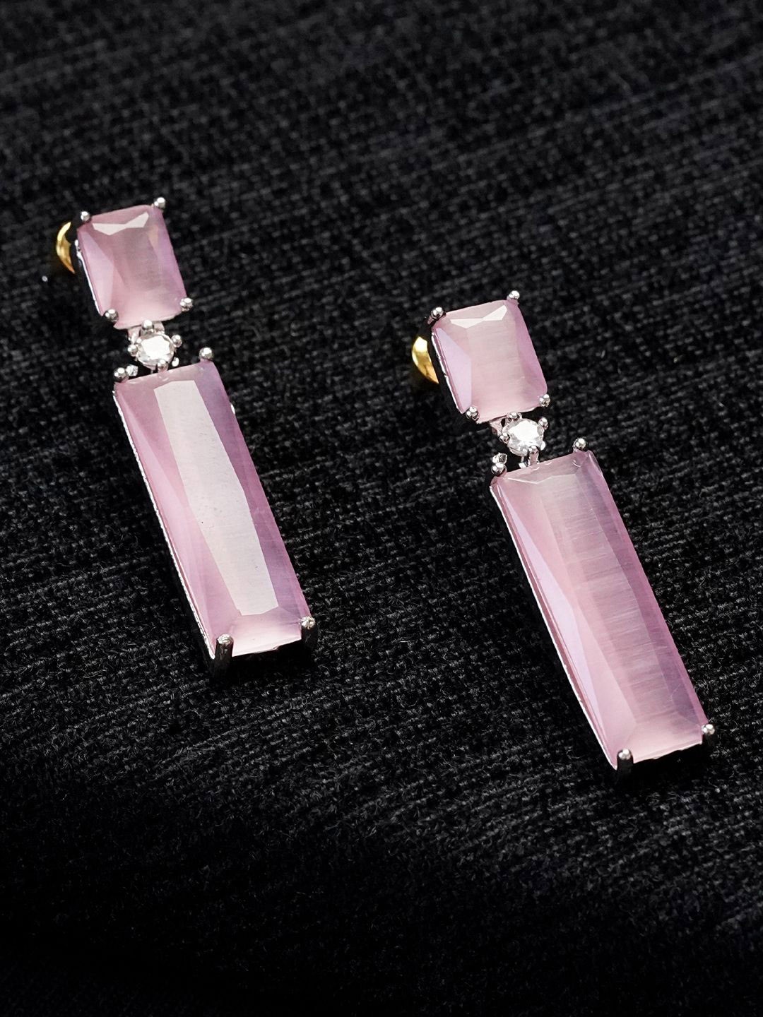 

Zoey Rhodium-Plated Square Shaped American Diamond Drop Earrings, Pink