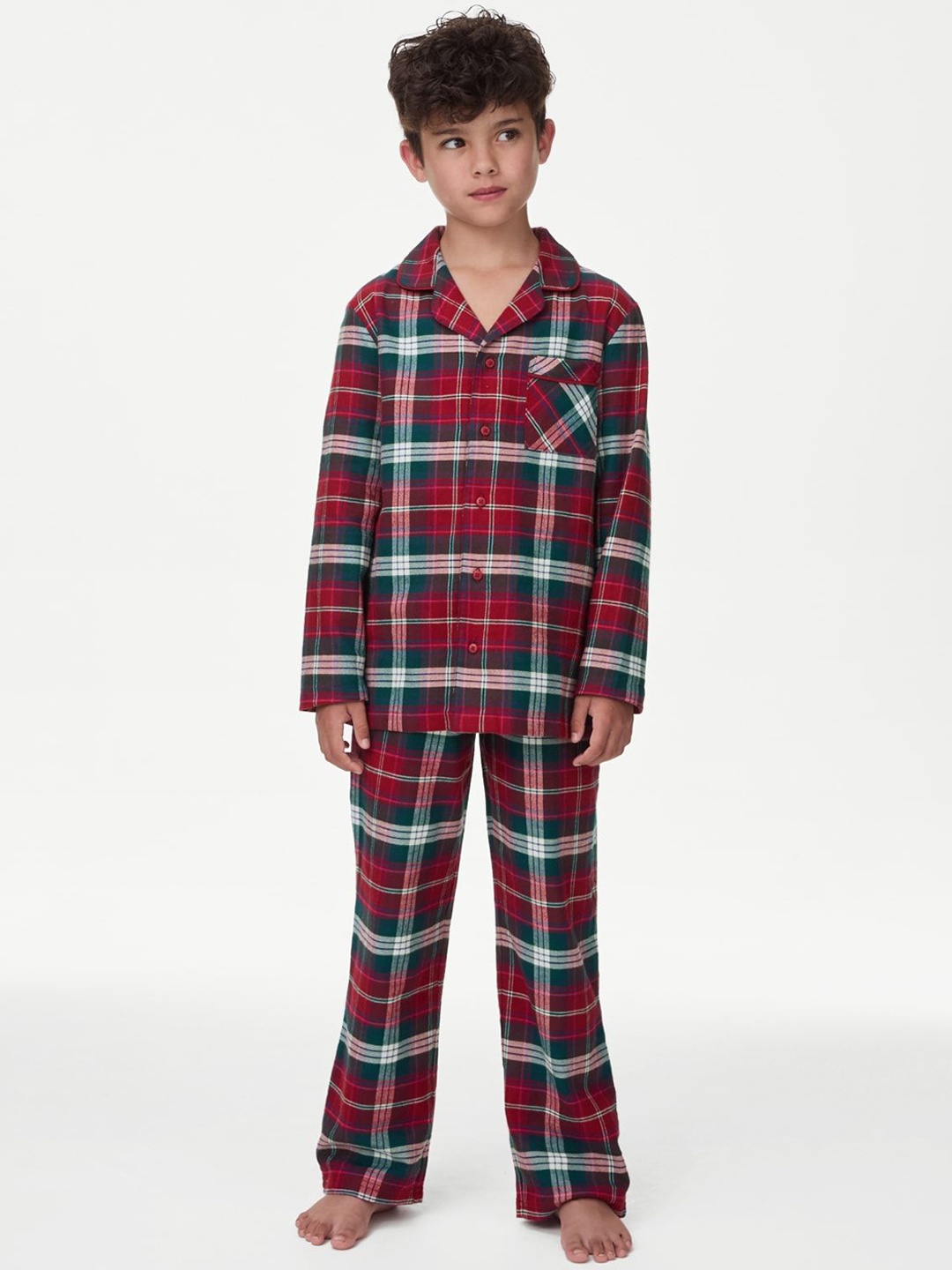 

Marks & Spencer Boys Checked Lapel Collar Long Sleeves Night suit, Red