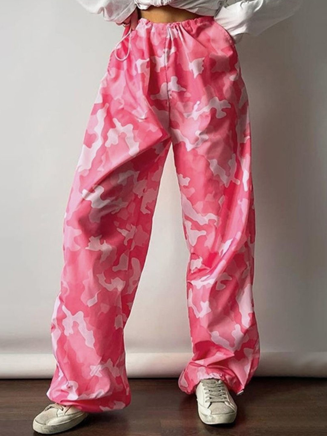 

KPOP Women Camouflage Printed Comfort Loose Fit Trouser, Pink