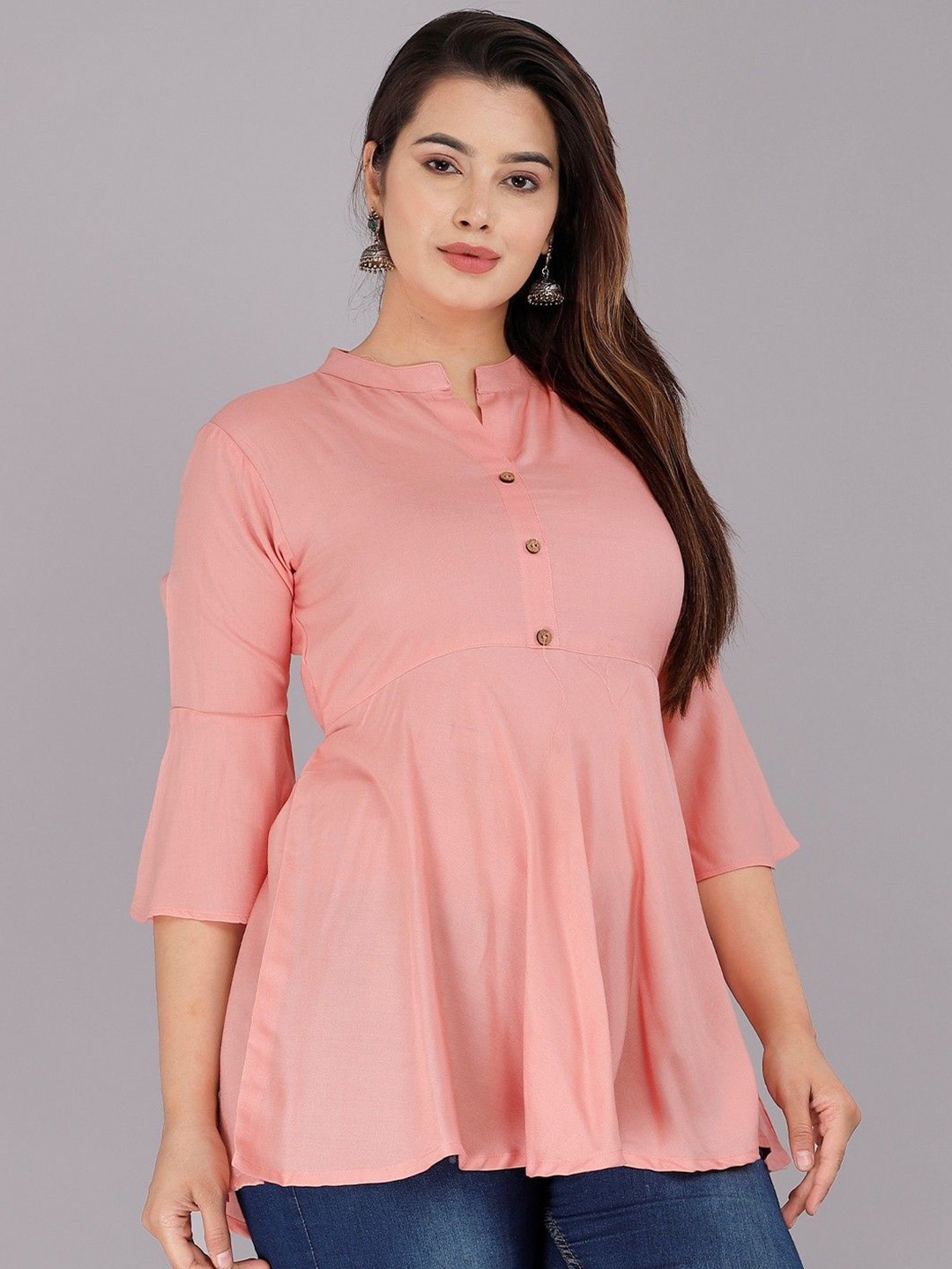 

Badrika Women Mandarin Collar Casual Top, Peach