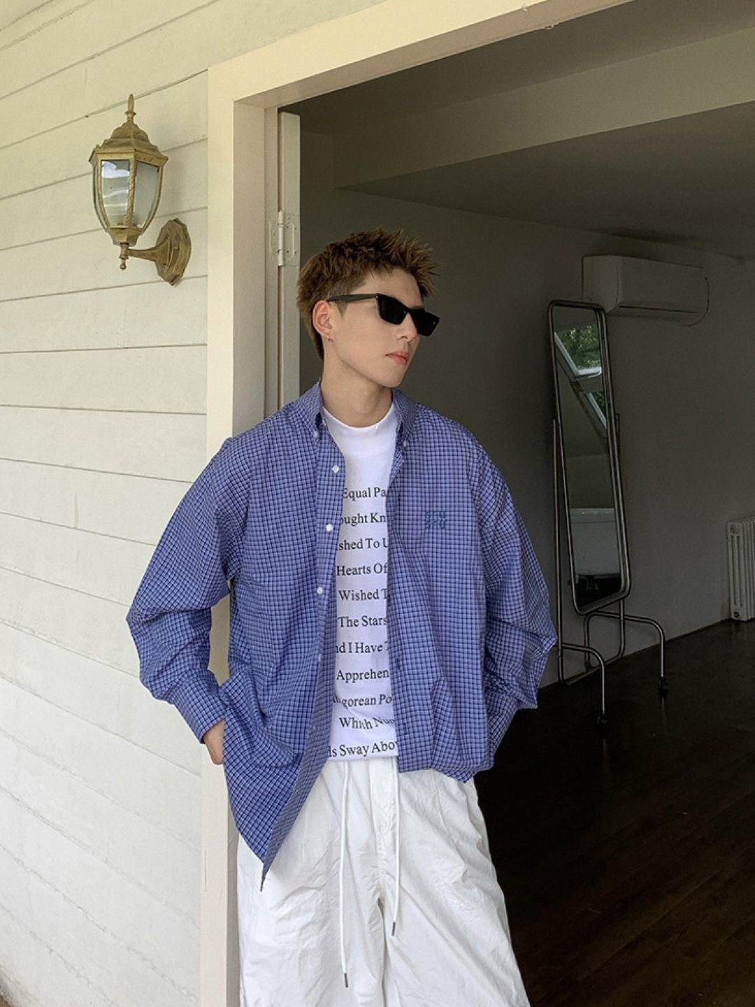 

KPOP Men Comfort Shepherd Checks Opaque Checked Casual Shirt, Blue