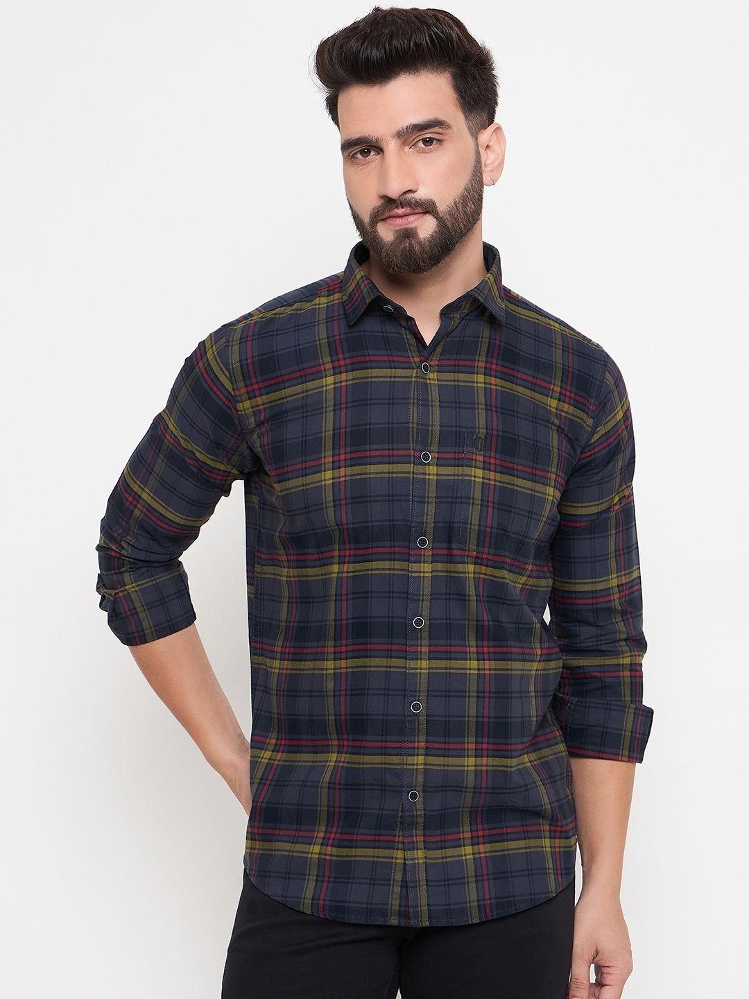 

Duke Men Slim Fit Opaque Checked Casual Shirt, Grey