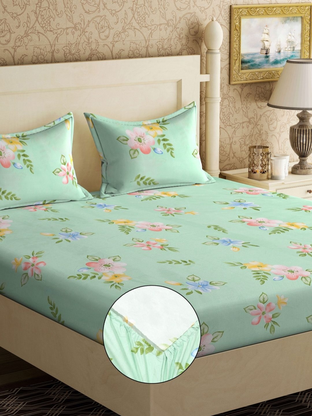 

Aura Green & Pink Floral Printed Fitted 300TC King Bedsheet With 2 Pillow Cover