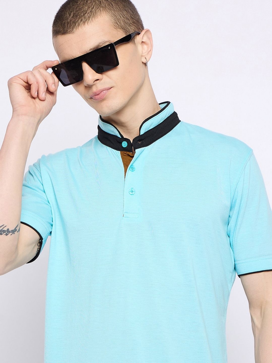 

GET GOLF Men Solid Mandarin Collar Cotton T-shirt, Turquoise blue