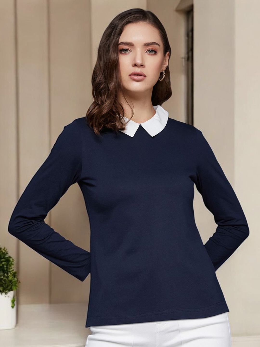 

Miss Chase Women Cotton Peter Pan Collar Knitted Long Sleeves Top, Navy blue