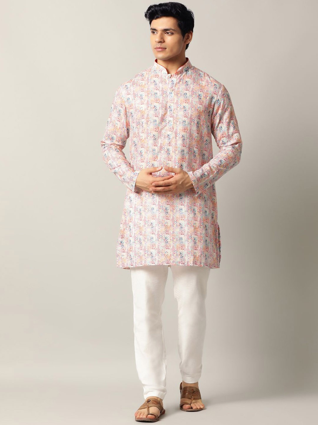 

THE KURTA COMPANY Ethnic Motifs Printed Mandarin Collar Silk Blend Straight Kurta, White