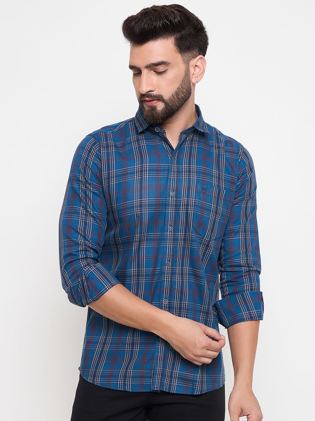 

Duke Men Slim Fit Tartan Checks Opaque Checked Casual Shirt, Blue