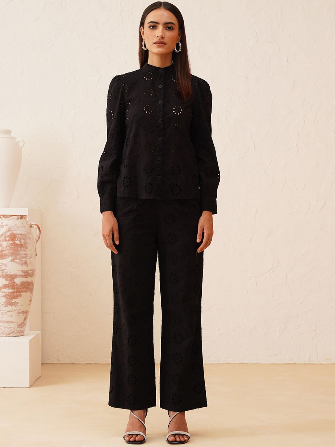 

Beatnik Woven Design Schiffli Shirt with Trousers, Black