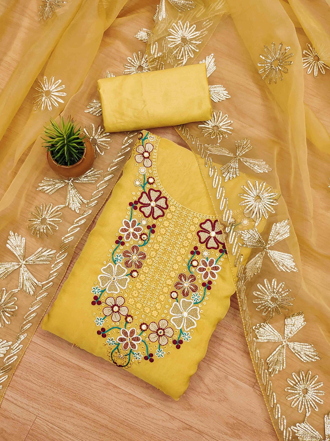 

KALINI Floral Embroidered Organza Unstitched Dress Material, Yellow