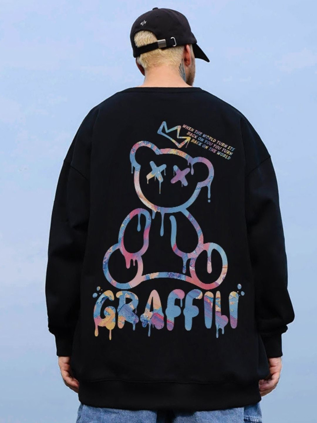 

KPOP Men Graphic Printed Cotton Round Neck Long Sleeves Pullover Sweatshirt, Black