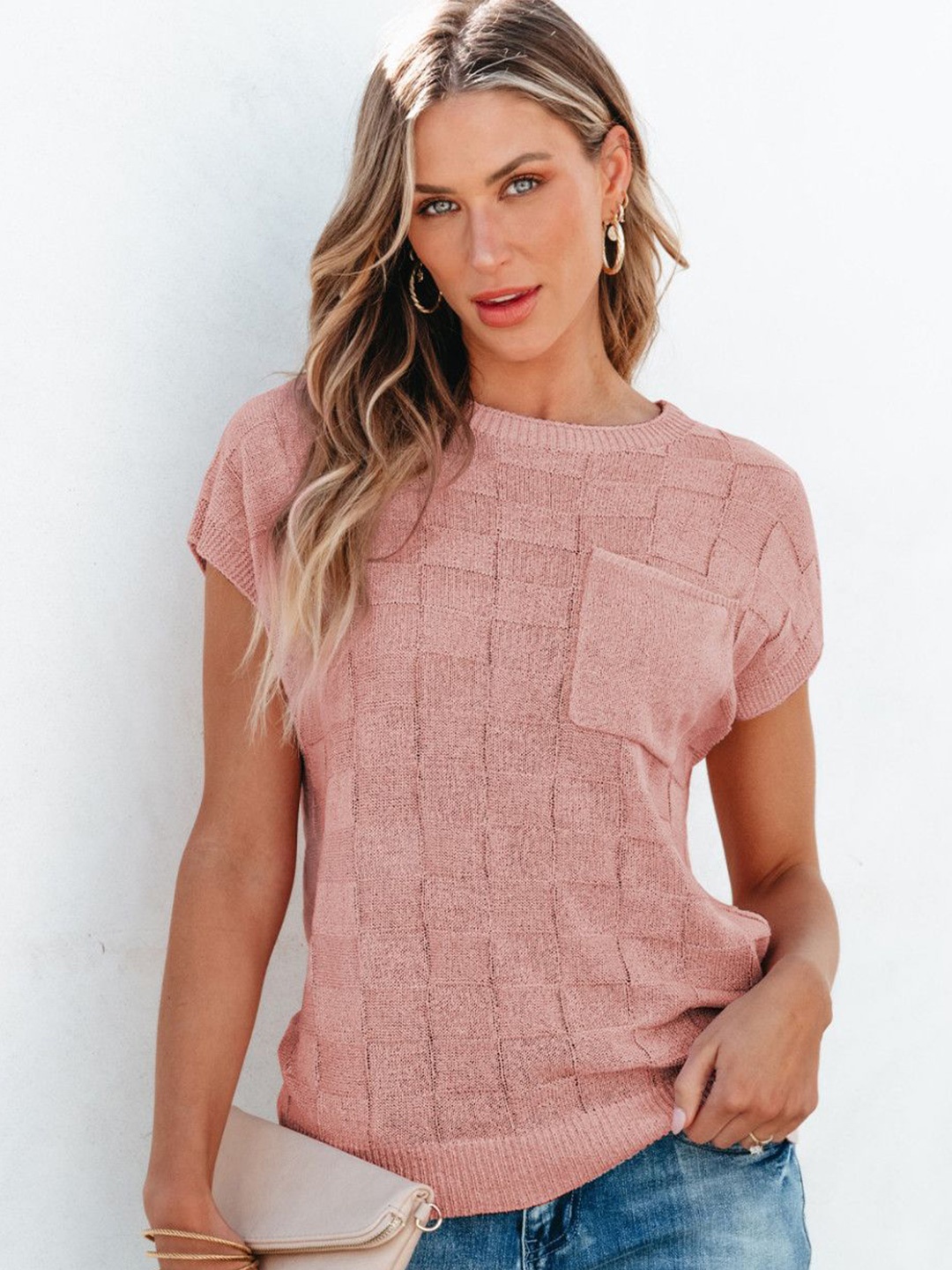 

HERE&NOW Women Checked Pullover, Peach