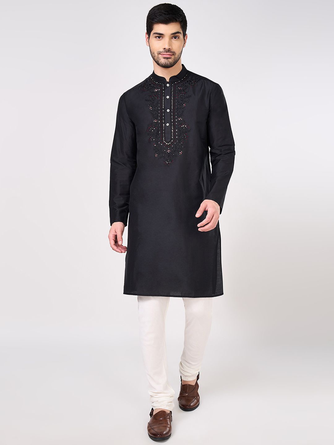 

indus route by Pantaloons Floral Embroidered Sequinned Regular Straight Kurta, Black