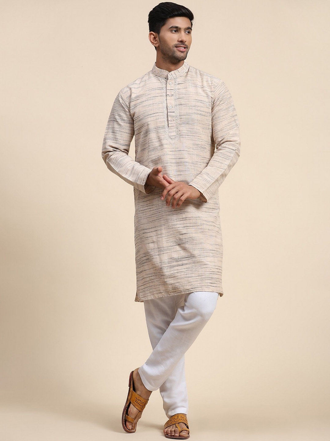 

SKAVIJ Mandarin Collar Striped Printed Regular Straight Kurta with Pyjamas, Beige
