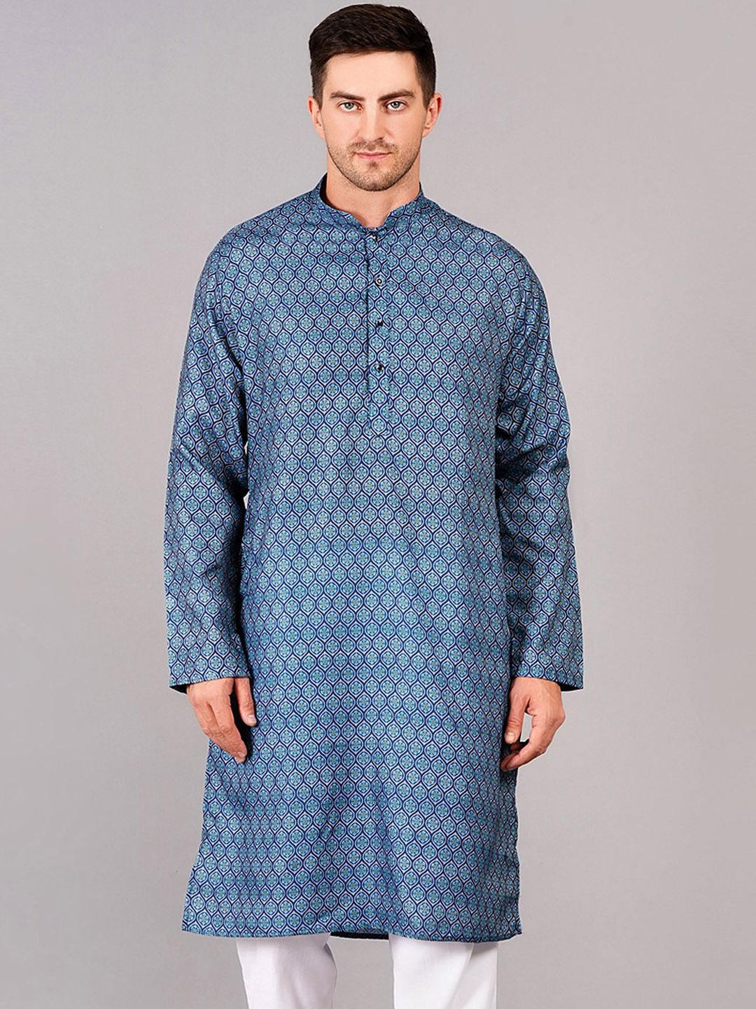 

SG LEMAN Printed Mandarin Collar Kurta, Navy blue