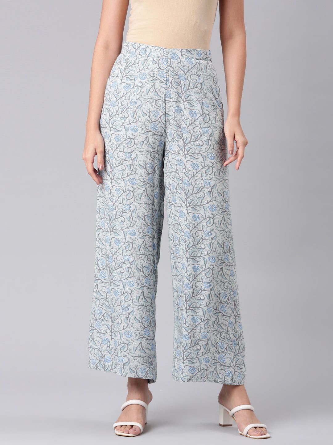 

Go Colors Women Mid Rise Floral Printed Palazzos, Blue