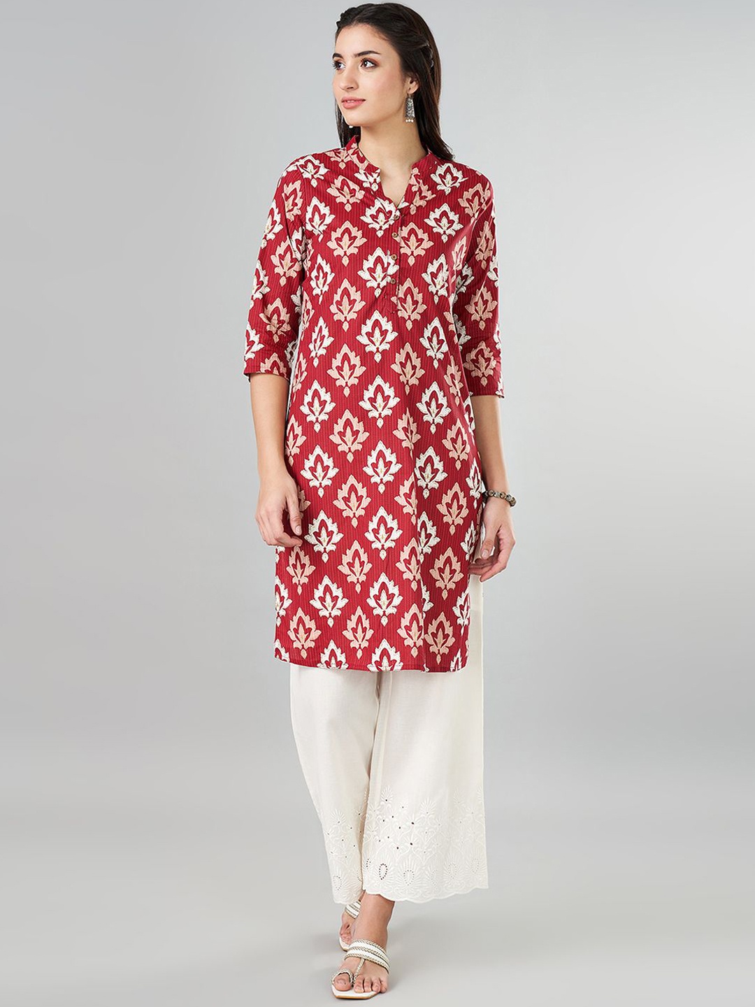 

RANGMANCH BY PANTALOONS Floral Printed Mandarin Collar Straight Kurta, Tan