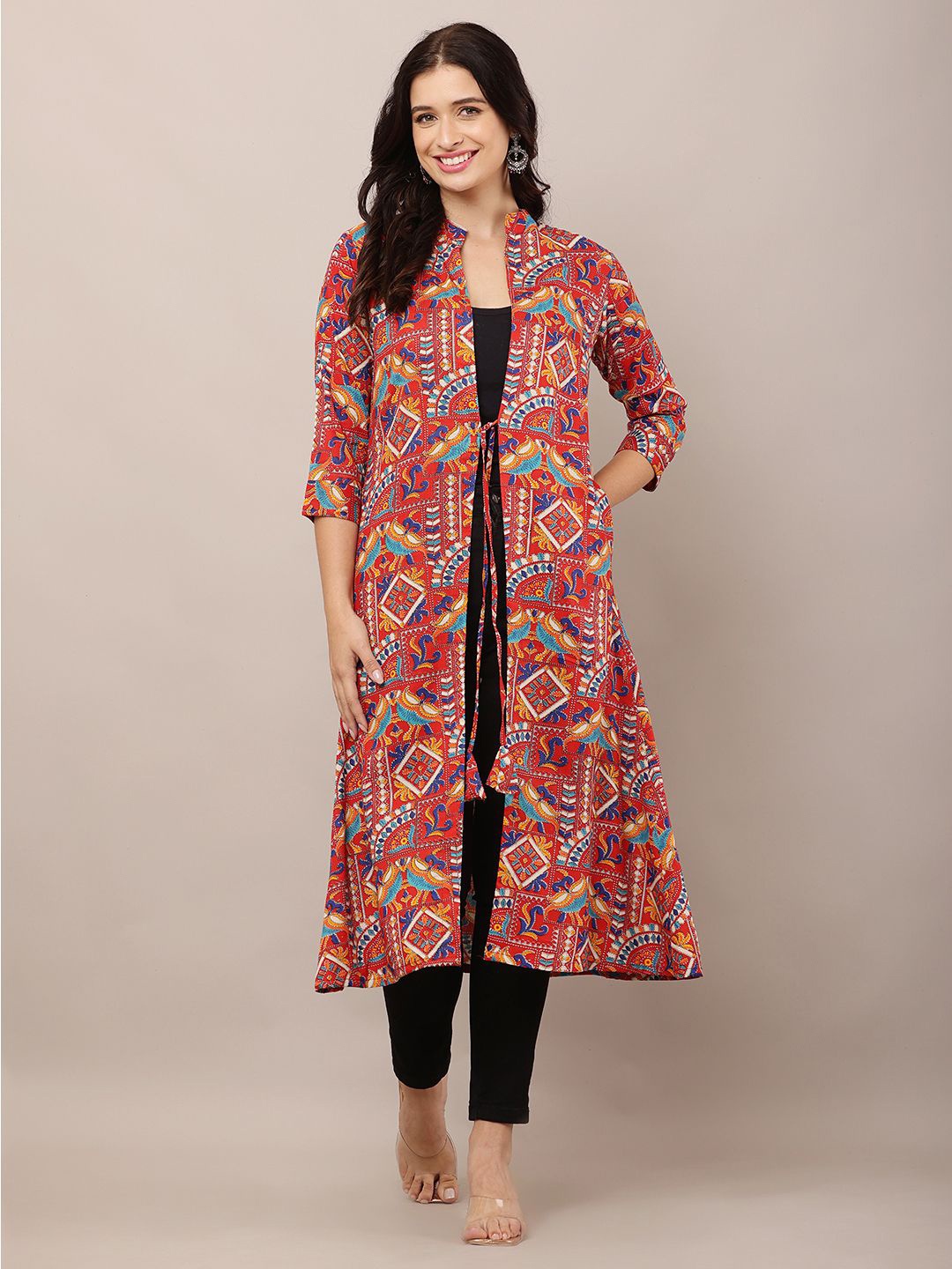 

HELLO DESIGN Ethnic Motifs Printed Front Open Longline Shrug, Maroon