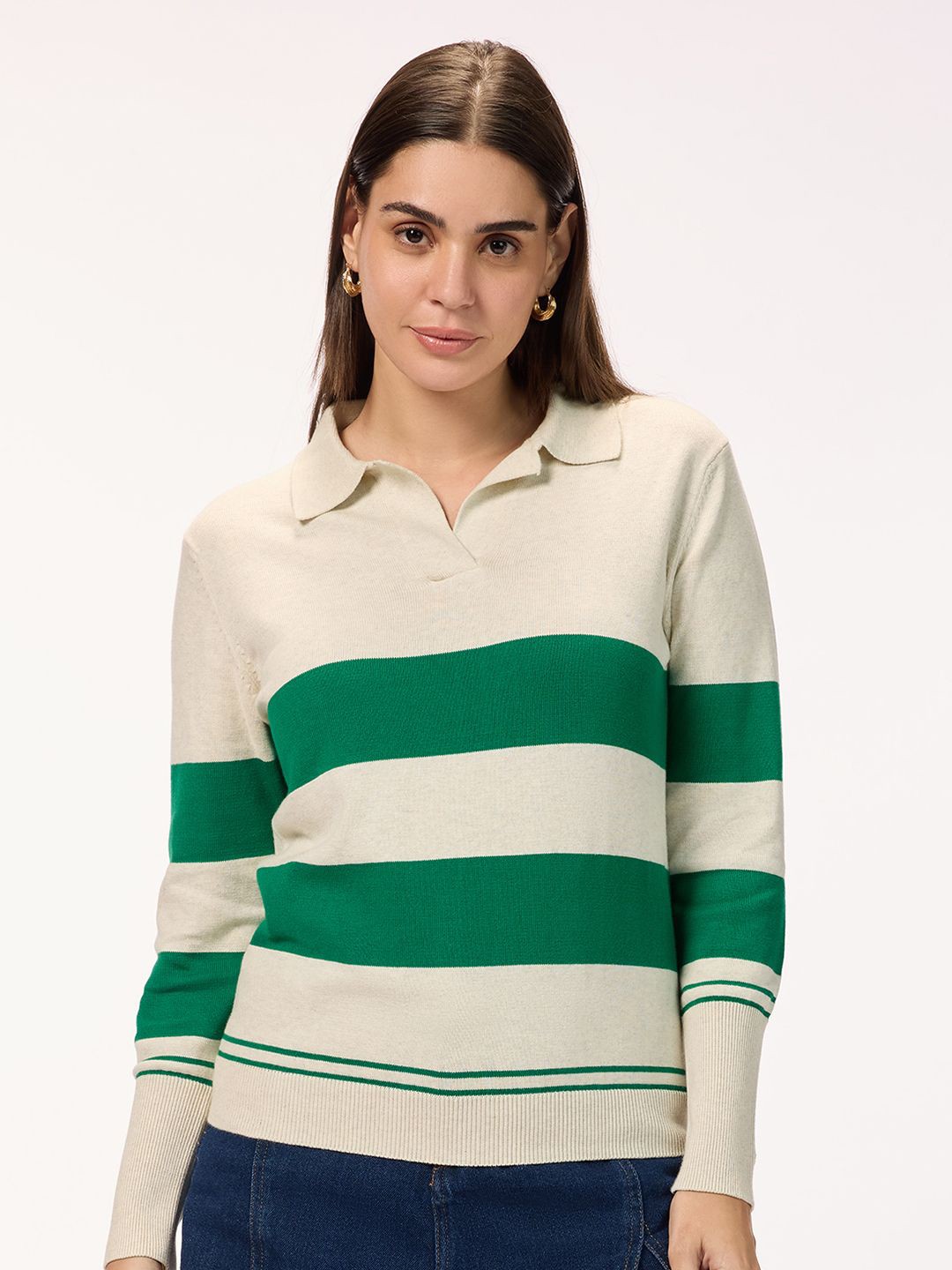 

Bombay High Women Horizontal Stripes Colourblocked Shirt Collar Long Sleeves Cotton Top, Beige