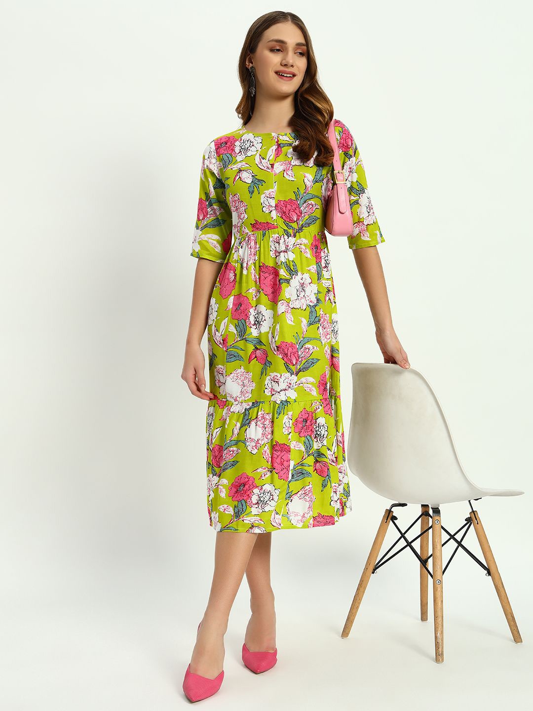 

ASHRU Floral Printed Fit & Flare Midi Dress, Green