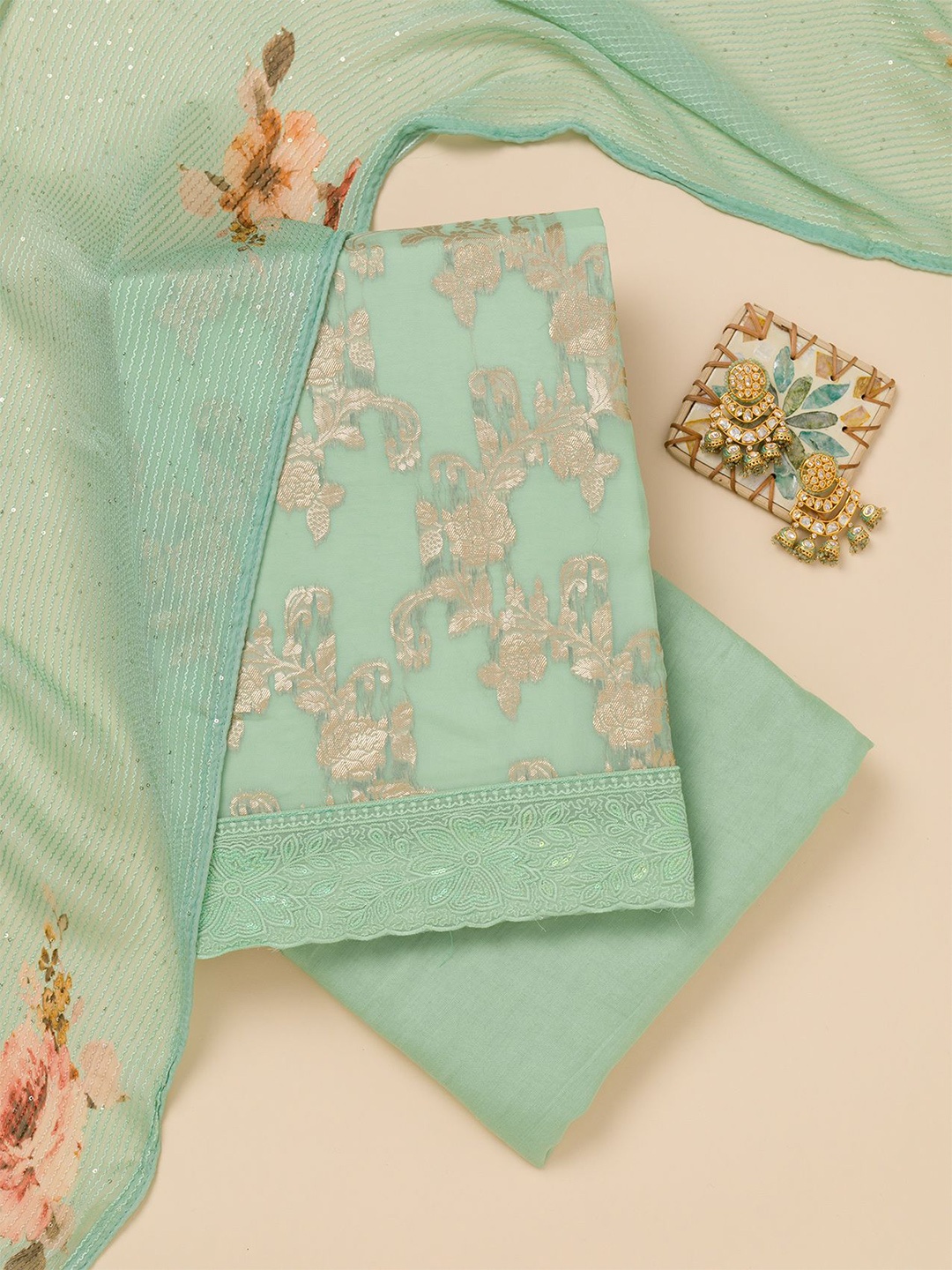

Koskii Floral Embroidered Zari Work Georgette Unstitched Dress Material, Green