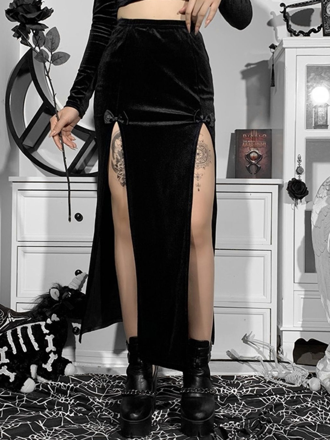 

KPOP Women High Slit Straight Maxi Skirt, Black