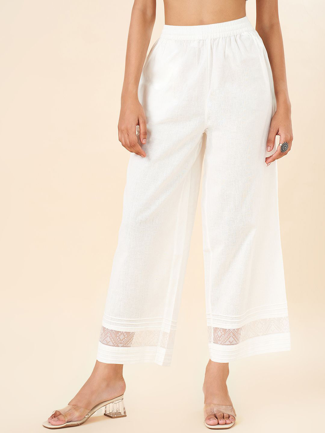 

RANGMANCH BY PANTALOONS Women Flared Cotton Palazzos, Cream