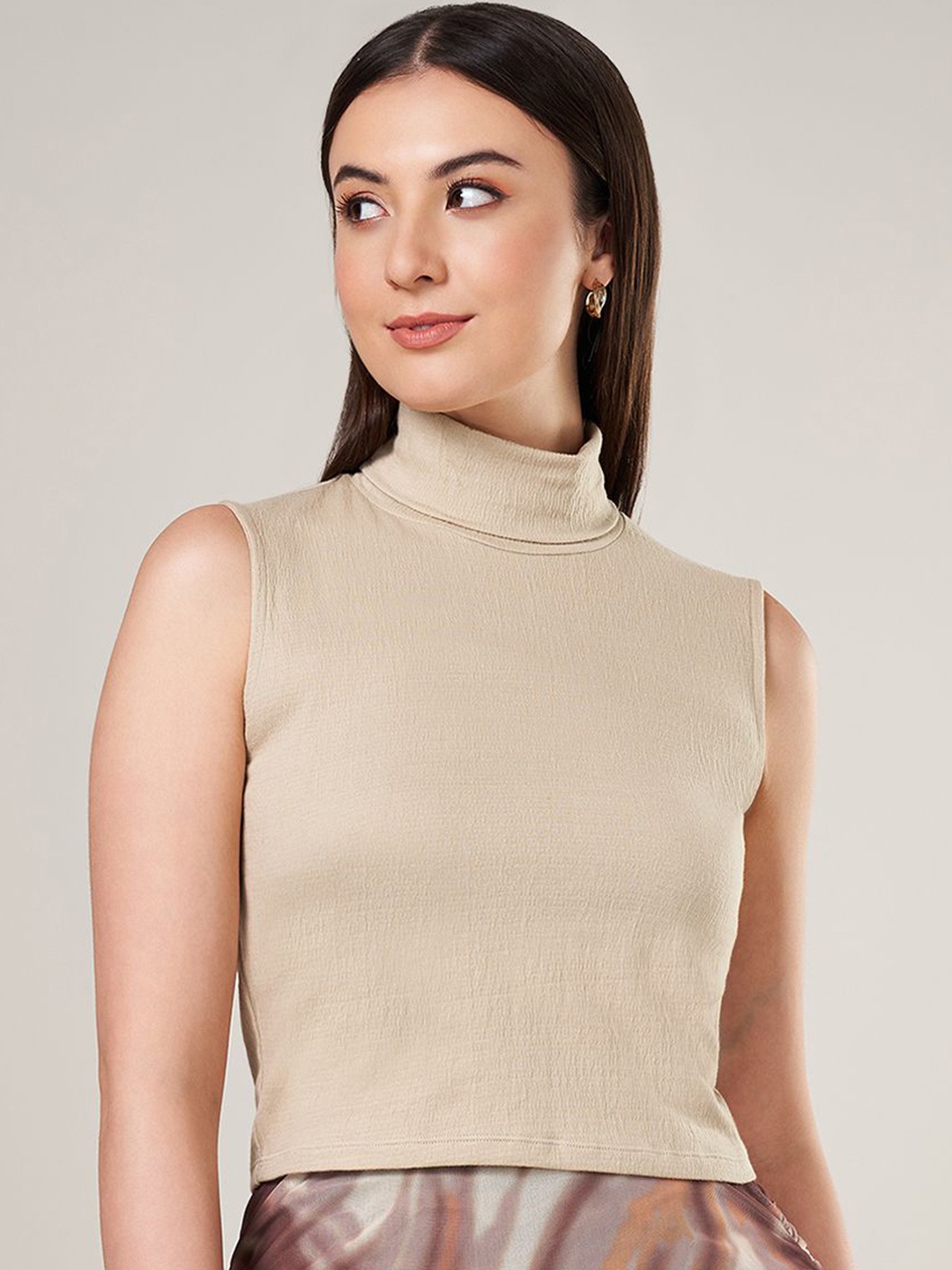 

People Solid High Neck Sleeveless Top, Khaki