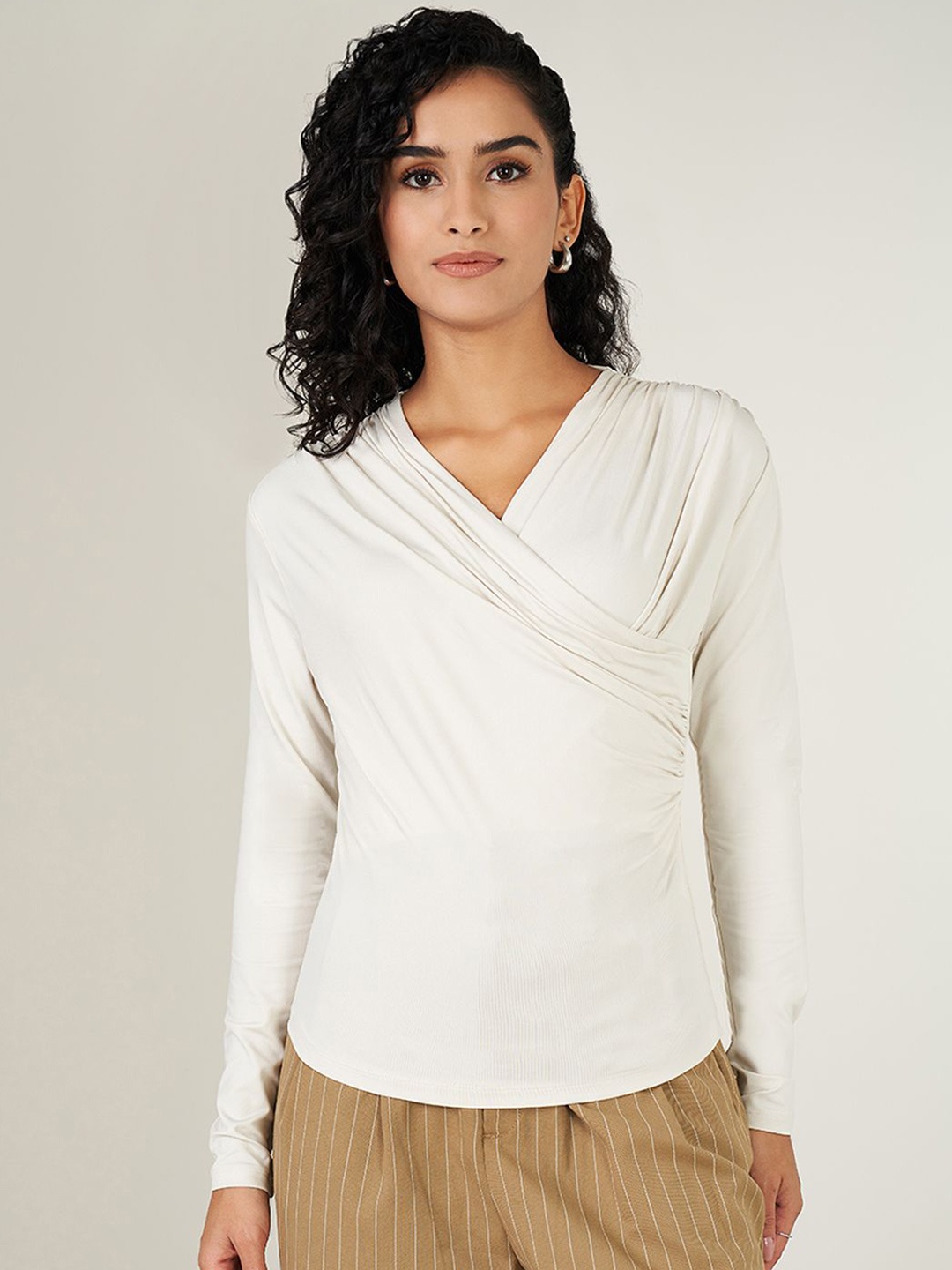 

People Women V-neck long Sleeves Top, Off white