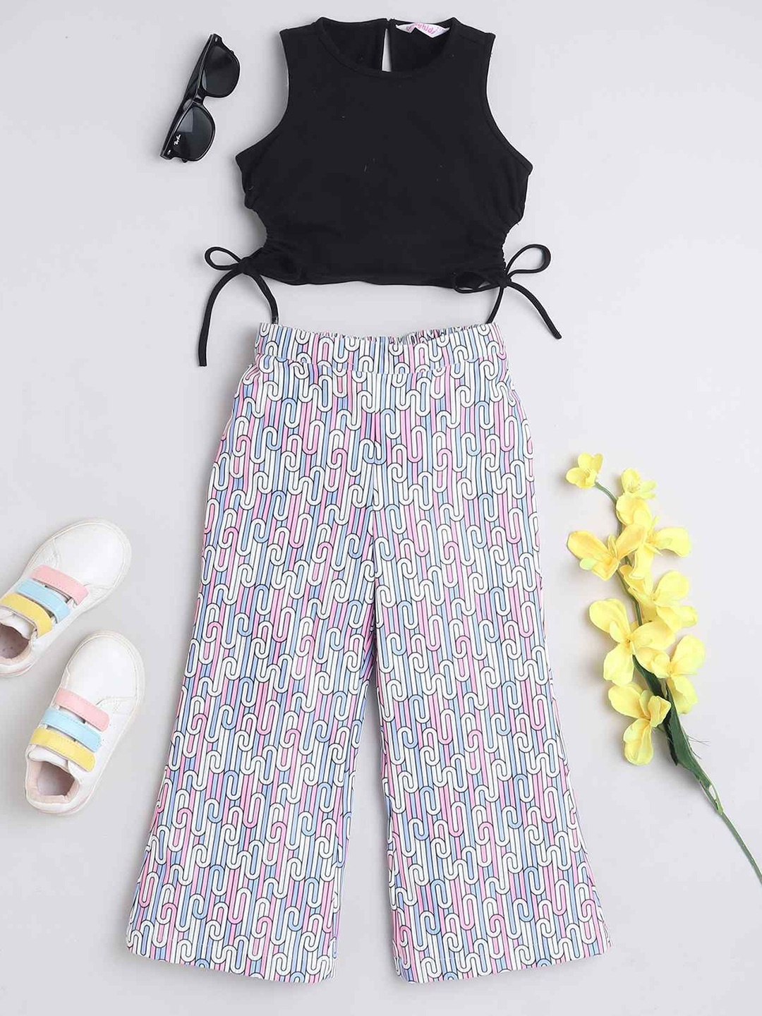 

taffykids Girls Sleeveless Cut Out Crop Top With Trousers, Black