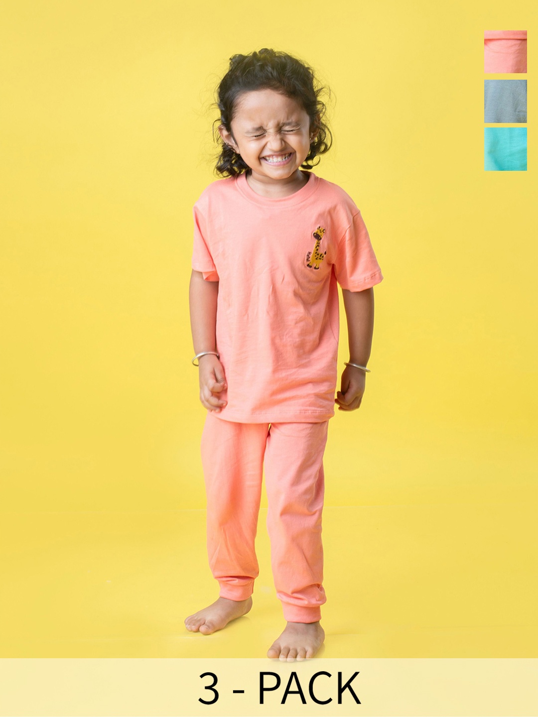 

Orange Sugar Kids Pack Of 3 Pure Cotton T-Shirt With Pyjamas, Peach